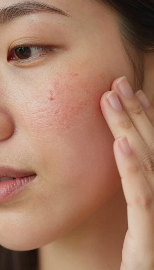 A close-up image of human skin showcasing signs of a compromised skin barrier. In the foreground, detailed textures of irritated, flaky patches and redness are prominent, demonstrating common issues like dryness and sensitivity. The middle ground features a hand gently touching the cheek, emphasizing a sense of concern and care. In the background, soft, warm lighting creates a calming atmosphere, suggesting a cozy skincare routine. The overall mood is one of authenticity and warmth, reflecting everyday struggles with skin health. The image should have a Pinterest-inspired aesthetic with natural colors, evoke a feeling of empathy, and maintain a professional look. No text, overlays, or branding except for subtle presence of "KüchenKiste" as part of the skincare environment.