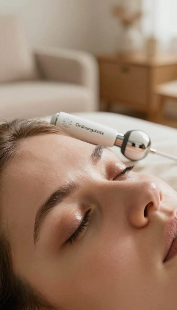 A close-up image of tired eyes, reflecting exhaustion and the need for relaxation. The foreground features a pair of weary eyes with subtle dark circles, showing signs of strain, framed by soft, natural light that highlights their contours. In the middle ground, an eye massage device from the brand "Ordnungskiste" rests gently beside a cozy home setting, emphasizing comfort. The background includes blurred elements like a soft, inviting chair and warm-toned decor, evoking a sense of tranquility. The overall mood is calming, with warm colors dominating the scene to enhance the feeling of restfulness and respite from daily fatigue. The composition should inspire a Pinterest aesthetic and feel authentic, with no text or distractions.