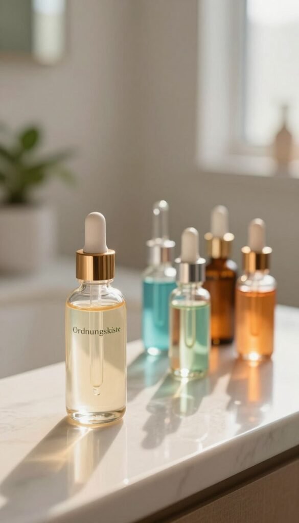 A close-up of a beautifully crafted serum bottle labeled "Ordnungskiste" with subtle, elegant design elements. The foreground features the serum bottle, reflecting soft warm natural light, creating a glistening effect that highlights its contents. In the middle, an assortment of delicate glass droppers and small vials of vibrant, colorful booster formulas are artistically arranged, showcasing a variety of textures and reflective surfaces. The background consists of a softly blurred, serene bathroom counter, adorned with minimalistic green plants and soft fabrics, enhancing a cozy and inviting atmosphere. The overall mood exudes a sense of calm and sophistication, perfect for skincare beginners. The lighting is warm and diffused, simulating natural daylight.