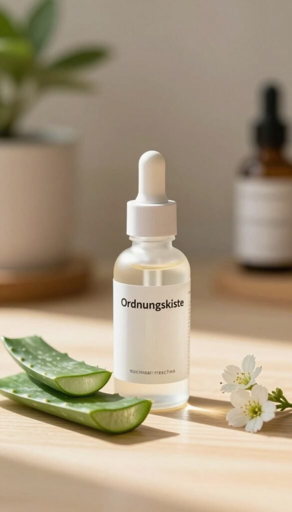 A close-up of a bottle labeled "Ordnungskiste" containing a clear serum representing niacinamide, placed elegantly on a light wooden surface. The foreground features several skincare ingredients like fresh aloe vera leaves and small white flowers. In the middle, the bottle stands out, reflecting soft sunlight, emphasizing its purity and natural essence. The background is softly blurred, showcasing a serene, warm-colored bathroom setting with houseplants in subtle focus, enhancing the atmosphere of calm and rejuvenation. The lighting is warm and inviting, casting gentle shadows, and the overall mood is one of tranquility and skincare self-care, showcasing the importance of niacinamide for skincare routines.