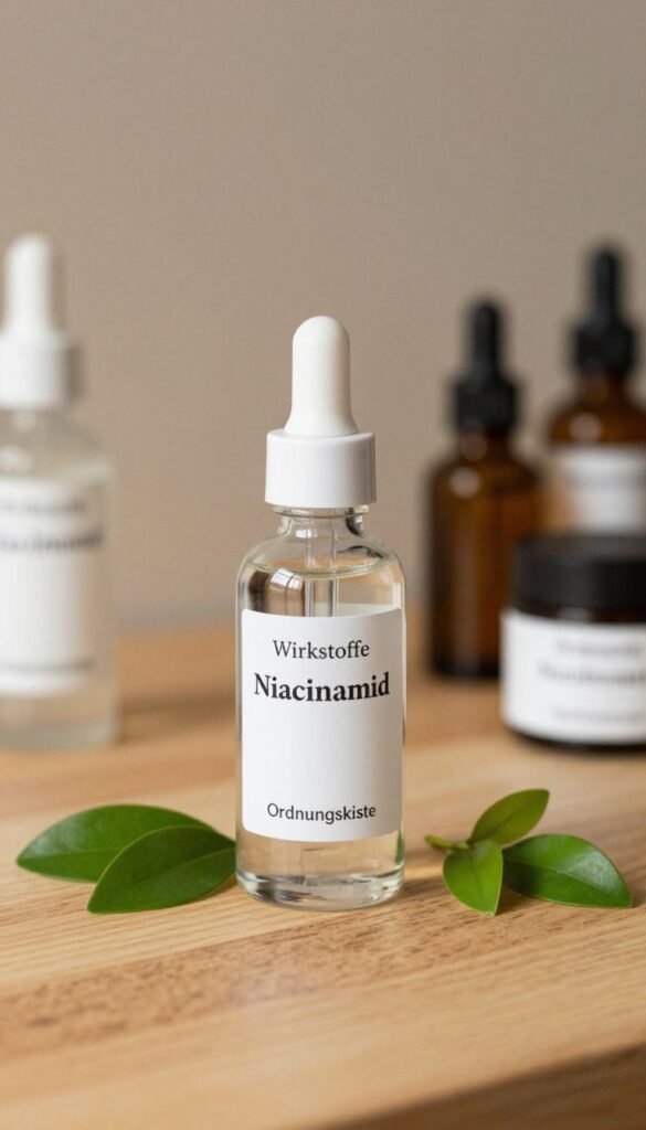 A close-up of a clear glass bottle labeled "Wirkstoffe Niacinamid" elegantly arranged on a wooden countertop. Surround the bottle with small, vibrant green leaves and natural skincare products, giving a fresh and organic feel. In the background, softly blurred warm-toned elements like essential oils and small jars enhance the natural aesthetic, resembling a clean, soothing skincare routine. Use soft, diffused lighting to create a warm, inviting atmosphere that highlights the textures and clarity of the products. The composition should evoke a sense of authenticity and care, fitting for a skincare regimen for oily skin. The brand "Ordnungskiste" should subtly integrate into the design without any text or labels visible, maintaining an elegant Pinterest-inspired look.