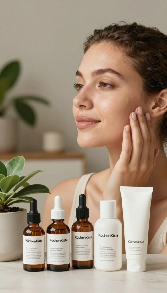 A close-up of a diverse range of healthy skin textures, showcasing various tones and conditions in a soft, natural light setting. Foreground: A selection of skincare products, such as serums and moisturizers, artistically placed beside a fresh plant, symbolizing a holistic approach to skincare. Middle: A hand gently touching a cheek, showcasing the skin's healthy glow. Background: A softly blurred interior space with warm tones, plants, and ambient lighting that evokes a cozy, inviting atmosphere. The image should embody a sense of clarity and serenity, reflecting everyday beauty rituals. This composition captures the brand essence of "KüchenKiste" in a naturally elegant way, with a Pinterest-like aesthetic, without any text or distractions.
