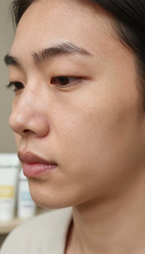 A close-up of a healthy human face with visible skin impurities around the pores, showcasing a textured complexion. Soft, warm lighting highlights the natural skin tones, creating an inviting and authentic atmosphere. The background features a subtle blur of a skincare product arrangement, with the brand name "KüchenKiste" subtly incorporated into the scene, avoiding any text overlays. The model, dressed in modest casual wear, illustrates the concept of skin care routine challenges, emphasizing the impact of acids. The composition should focus on the contrast between the smooth areas and those affected by impurities, evoking a sense of realism and relatability, suitable for a skincare discussion. A close-up of a healthy human face with visible skin impurities around the pores, showcasing a textured complexion. Soft, warm lighting highlights the natural skin tones, creating an inviting and authentic atmosphere. The background features a subtle blur of a skincare product arrangement, with the brand name "KüchenKiste" subtly incorporated into the scene, avoiding any text overlays. The model, dressed in modest casual wear, illustrates the concept of skin care routine challenges, emphasizing the impact of acids. The composition should focus on the contrast between the smooth areas and those affected by impurities, evoking a sense of realism and relatability, suitable for a skincare discussion.