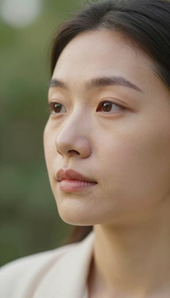 A close-up of a human face with visibly puffy eyes, reflecting a natural look, captured with soft, warm lighting to evoke a calm and soothing atmosphere. The subject, dressed in modest casual clothing, gazes thoughtfully into the distance, surrounded by a peaceful, blurred background of gentle greenery, symbolizing relaxation and self-care. The lighting enhances the soft textures of the skin, showcasing the subtle imperfections and natural beauty. The image should convey a sense of tranquility and effectiveness in everyday skincare routines. Emphasize a Pinterest-inspired aesthetic, highlighting the brand 'Ordnungskiste' subtly through the overall composition, ensuring it remains authentic and free from any text or markings.