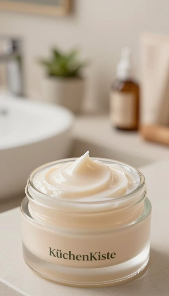 A close-up of a luxurious, creamy texture of a skincare product, emphasizing a rich retinol cream. In the foreground, the cream is elegantly swirled atop a glass jar, reflecting soft, warm light. The middle ground features a tranquil, minimalist bathroom vanity with natural elements like a small potted plant and wooden accessories, creating a serene atmosphere. The background is softly blurred, hinting at stylish beauty products, evoking a warm, inviting Pinterest aesthetic. The color palette is composed of soft pastels and warm neutrals. Capture the essence of modern skincare rituals with a sophisticated touch, highlighting the brand "KüchenKiste" subtly integrated into the scene, without any text or logos.