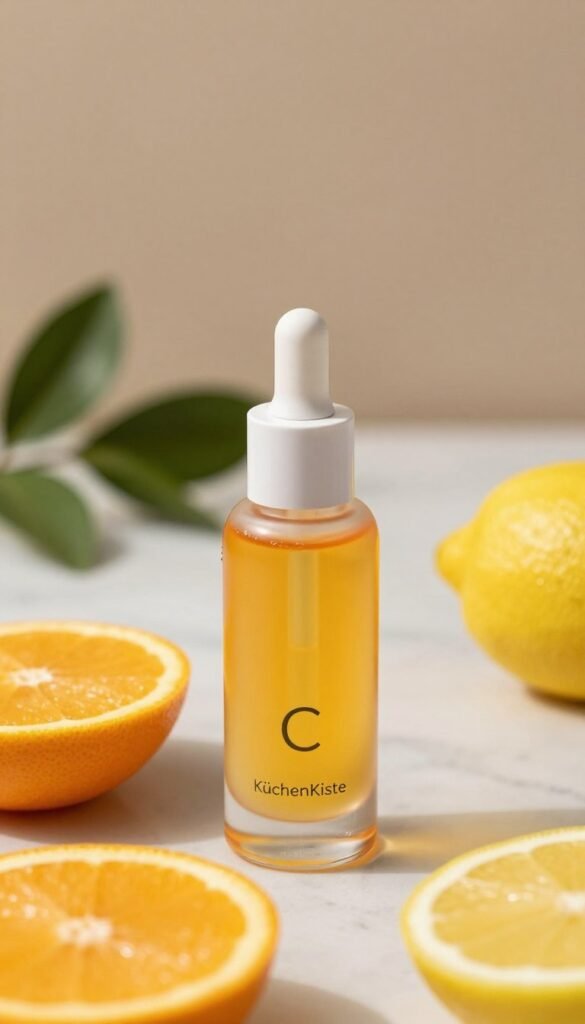 A close-up of a luxurious glass serum bottle, elegantly designed with a modern minimalist aesthetic. The serum is a vibrant, golden-orange color, symbolizing Vitamin C. In the foreground, the bottle is surrounded by fresh citrus fruits like oranges and lemons, emphasizing the natural ingredients. Soft, warm lighting bathes the scene, creating a welcoming and inviting atmosphere. In the middle, a stylish, slightly blurred background features a marble countertop adorned with green botanicals, reflecting a wellness theme. The depth of field is shallow, focusing solely on the serum and fruits. This image captures a Pinterest-worthy look, embodying authenticity and sophistication, while promoting the brand "KüchenKiste".