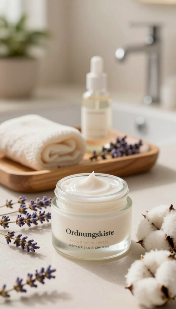 A close-up of a luxurious rückfettende creme in an elegant glass jar labeled "Ordnungskiste," positioned prominently in the foreground. The cream has a rich, velvety texture, glistening softly under warm, natural light that fills the scene. Surrounding the jar, delicate sprigs of lavender and soft cotton fabric create a calming atmosphere. In the middle ground, there’s a small wooden tray adorned with a few spa essentials, like a gentle exfoliating cloth and dried flowers, enhancing the soothing theme. The background features a softly blurred, sunlit bathroom with organic elements like potted plants, inviting tranquility. The overall mood is peaceful and nurturing, evoking a sense of care for dry skin without clutter or text.