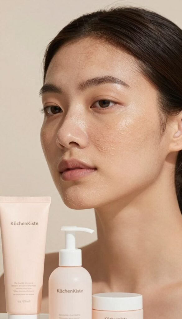 A close-up of a model with noticeably dry, flaky skin, showcasing the texture on their cheeks and forehead. The model has a gentle expression, conveying a sense of calm and relief. Soft, natural lighting highlights the skin's imperfections while maintaining a warm and inviting atmosphere. In the foreground, there are a few skincare products, including gentle cleansers and moisturizers, elegantly arranged with a neutral background featuring soft pastel colors. The setting resembles a cozy, aesthetically pleasing bathroom space, reminiscent of popular Pinterest aesthetics, creating a serene vibe. The brand name "KüchenKiste" subtly integrated into the visuals, emphasizing natural beauty. The overall mood should feel comforting and stress-free, invoking a sense of self-care and pampering without the presence of any text, logos, or watermarks.