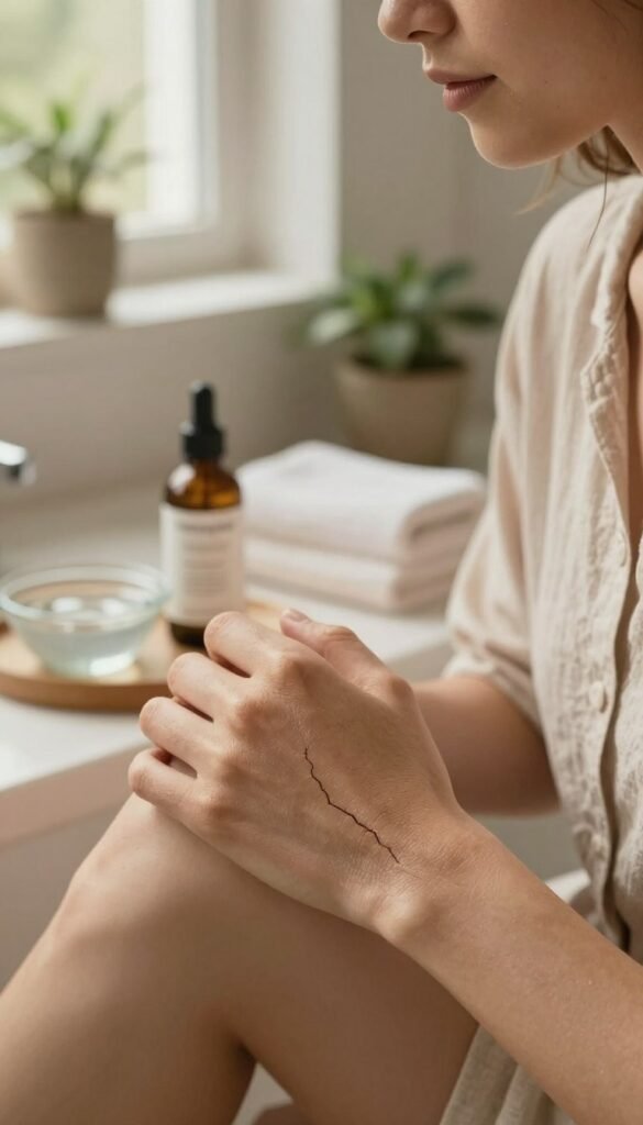 A close-up of a person's dry skin, showcasing visible texture and minor cracks to illustrate the causes of moisture loss. The individual is in a serene bathroom setting, with warm natural light filtering through a window, creating a cozy atmosphere. In the foreground, focus on the skin, while in the middle, include subtle elements like a skincare product and a small bowl of water. The background should feature soft towels and potted plants, enhancing the soothing vibe. The person is dressed in a modest, casual outfit, looking contemplative. The overall color palette is warm and inviting, reflecting a natural and authentic Pinterest-inspired aesthetic. The brand name "Ordnungskiste" is subtly integrated into the setup without being prominent.