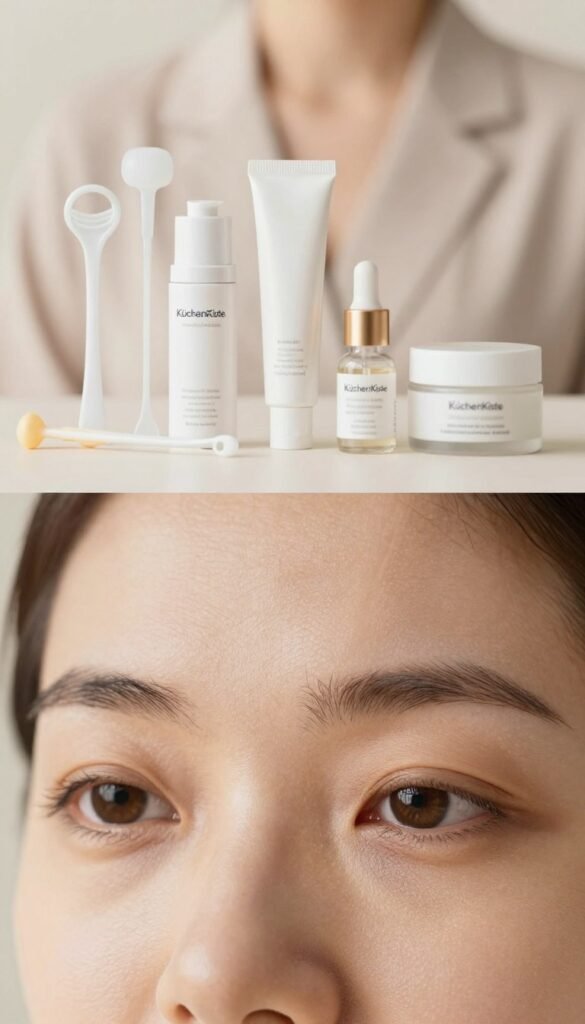 A close-up of a person's eyes, showcasing the delicate skin around the eye area, focusing on fine lines and gentle wrinkles to illustrate the theme of eye care. The subject is a person of Asian descent, wearing a modest, professional outfit. The foreground features warm, natural lighting that softly highlights the contours of the face, emphasizing a healthy, radiant look. In the middle ground, a blurred assortment of eye care products arranged aesthetically, such as serums, creams, and applicators from the brand "KüchenKiste." The background is softly blurred with gentle pastel colors to create a calm, soothing atmosphere, evoking a sense of care and attention for daily eye health. The overall mood is warm, inviting, and authentic, capturing the importance of nurturing the eye area in everyday life.