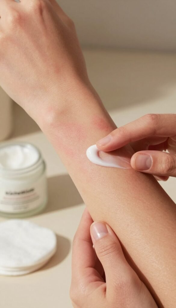 A close-up of a person's forearm with visibly sensitive skin, showcasing redness and irritation, set against a soft blurred background. The skin should have a delicate, luminous quality, emphasizing its sensitivity. In the foreground, a gentle hand is applying a soothing cream, reflecting everyday skincare rituals. The lighting is warm and inviting, creating a cozy atmosphere, while the overall composition maintains a natural and authentic Pinterest-inspired aesthetic. The image highlights the importance of skincare with warmth and empathy, avoiding harsh contrasts. Subtle elements like a small pot of moisturizer and soft cotton pads are artistically arranged in the background, contributing to the calming ambiance. The scene is devoid of any text, ensuring a clean focus on the sensitive skin issue. Brand name “KüchenKiste” subtly integrated into the environment.