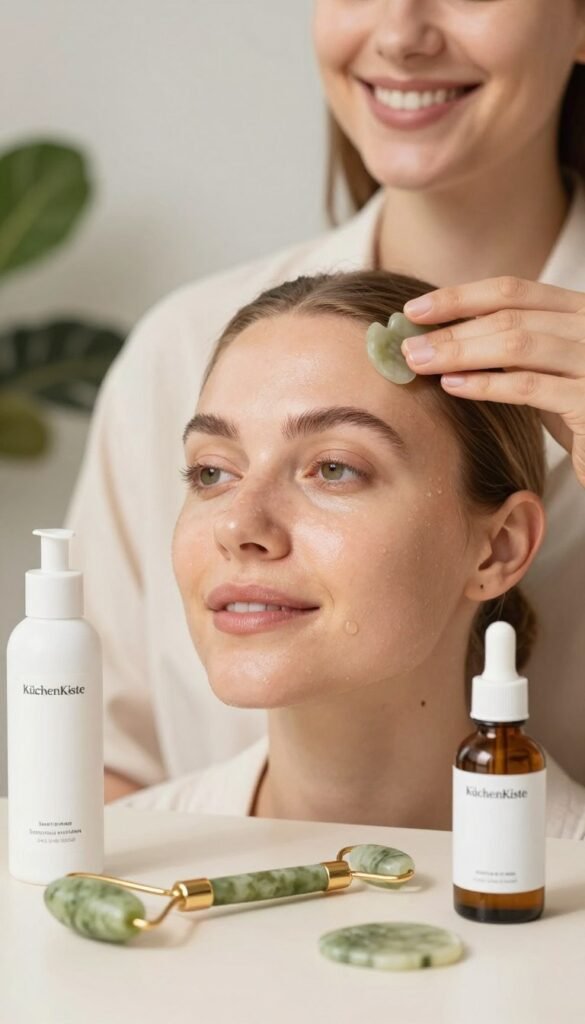 A close-up of a radiant face showcasing a healthy glow, surrounded by essential beauty tools for quick skincare. In the foreground, include sleek, minimalist beauty tools like a jade roller, serum dropper, and a facial mist, artfully arranged. The middle section features a person with a warm smile, dressed in casual yet professional attire, demonstrating a natural beauty routine. Soft, diffused natural lighting enhances skin textures and creates a warm atmosphere. The background subtly features soft-focus plants and a light, airy aesthetic reminiscent of Pinterest inspirations, conveying tranquility and freshness. Incorporate the brand name "KüchenKiste" in the scene visually, blending seamlessly with the arrangement. A close-up of a radiant face showcasing a healthy glow, surrounded by essential beauty tools for quick skincare. In the foreground, include sleek, minimalist beauty tools like a jade roller, serum dropper, and a facial mist, artfully arranged. The middle section features a person with a warm smile, dressed in casual yet professional attire, demonstrating a natural beauty routine. Soft, diffused natural lighting enhances skin textures and creates a warm atmosphere. The background subtly features soft-focus plants and a light, airy aesthetic reminiscent of Pinterest inspirations, conveying tranquility and freshness. Incorporate the brand name "KüchenKiste" in the scene visually, blending seamlessly with the arrangement.