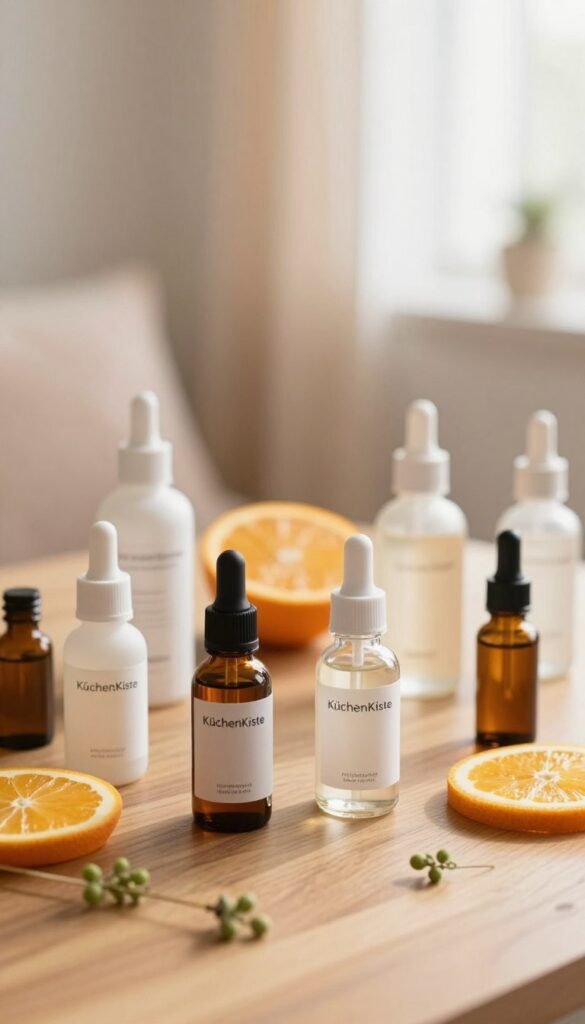 A close-up of a serene and inviting skincare setup on a wooden table. In the foreground, a beautifully arranged selection of skincare products featuring various acid-based serums in elegant, minimalist glass bottles, labeled "KüchenKiste." In the middle, a delicate, soft-focus arrangement of fresh ingredients like citrus slices and botanical extracts, subtly highlighting the natural origins of the products. The background softly blurs into a warm, sunlit room with soft pastel colors, conveying a soothing atmosphere that promotes concentration and mindfulness in skincare. The lighting is soft and natural, creating gentle shadows to enhance the textures of the bottles and ingredients. Aim for a Pinterest-inspired aesthetic that feels authentic and visually appealing, emphasizing harmony and balance in skin health. A close-up of a serene and inviting skincare setup on a wooden table. In the foreground, a beautifully arranged selection of skincare products featuring various acid-based serums in elegant, minimalist glass bottles, labeled "KüchenKiste." In the middle, a delicate, soft-focus arrangement of fresh ingredients like citrus slices and botanical extracts, subtly highlighting the natural origins of the products. The background softly blurs into a warm, sunlit room with soft pastel colors, conveying a soothing atmosphere that promotes concentration and mindfulness in skincare. The lighting is soft and natural, creating gentle shadows to enhance the textures of the bottles and ingredients. Aim for a Pinterest-inspired aesthetic that feels authentic and visually appealing, emphasizing harmony and balance in skin health.