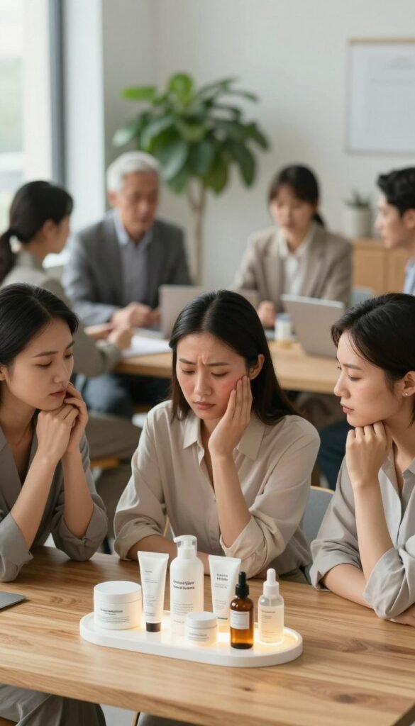 A close-up of a serene, diverse group of professionals in a well-lit, modern office environment, each wearing modest business attire. Their expressions convey a sense of empathy and understanding, reflecting the stress and challenges of skin problems in everyday life. In the foreground, display a well-organized wooden desk with natural skincare products neatly arranged from "Ordnungskiste," such as moisturizers and serums, surrounded by soft, glowing light. The middle ground features lush, indoor plants that emanate a soothing vibe, while in the background, soft-focus silhouettes of other employees engage in healthy discussions. The overall mood is calm and supportive, utilizing warm colors and natural lighting to enhance authenticity and a holistic approach to self-care.