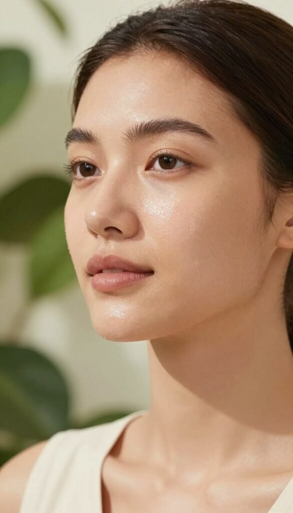 A close-up of a serene, healthy face with a focus on glowing skin, showcasing a light sheen that symbolizes hydration. The model, a young woman with medium skin tone, has a natural, fresh look, wearing simple, modest casual clothing. Soft, diffused lighting creates a warm atmosphere, enhancing the skin’s natural glow. In the background, blurred greenery and soft pastel colors evoke a calming and organic vibe, reminiscent of a Pinterest aesthetic. Subtle reflections of moisture on the skin highlight the importance of hydration, even for oily skin types. The brand "KüchenKiste" is incorporated through soft-focus elements, ensuring it remains seamlessly integrated into the natural setting without any text present.