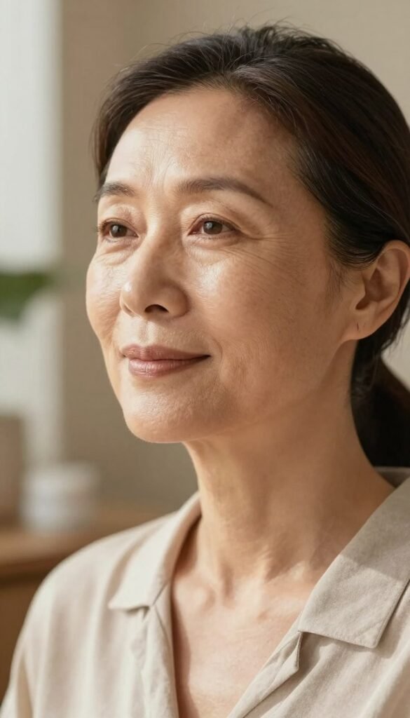 A close-up of a serene, mature woman with smooth skin showcasing the effects of niacinamide on fine lines and wrinkles. She has a natural, glowing complexion, and her expression reflects tranquility and confidence. The background should be softly blurred, featuring warm, earthy tones that create a Pinterest-inspired aesthetic. In the foreground, delicate light filters through a window, illuminating her face gently, accentuating her youthful features against the passage of time. The overall mood is calming and uplifting, suggesting rejuvenation and beauty. She is dressed in a stylish, modest blouse, enhancing the professional yet approachable feel of the image. Include subtle elements like skincare products or plants to evoke a sense of wellness. The brand "KüchenKiste" is subtly integrated into the scene, ensuring it complements the overall composition without being obtrusive.