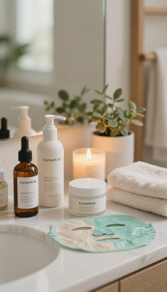 A close-up of a serene skincare routine setup, featuring various skincare products elegantly arranged on a marble vanity. The foreground showcases aesthetically pleasing bottles and jars labeled with elegant designs, including a serum, moisturizer, and face mask. In the middle, include a gently glowing candle, a delicate plant, and a plush towel, all bathed in warm, natural lighting. The background fades into a soft-focus bathroom scene with natural wooden elements and softly blurred greenery, enhancing the calm atmosphere. Capture the essence of understanding different skin types through textures and colors, conveying a feeling of tranquility and purity. The imagery should embody a Pinterest-inspired aesthetic, reflecting the brand "KüchenKiste" without any text or branding visible on the products.