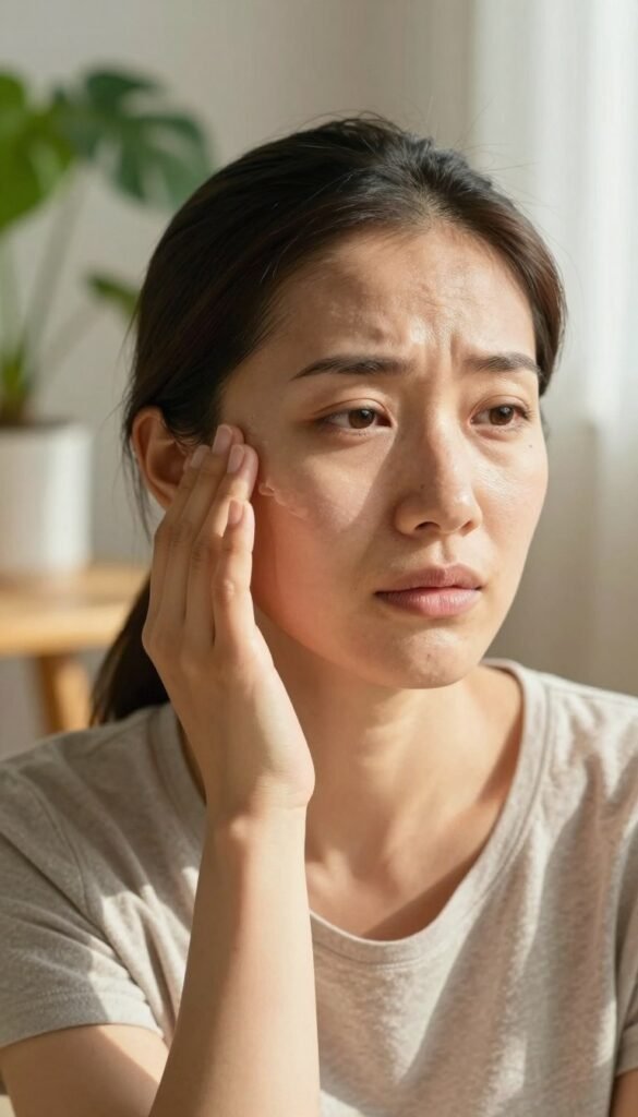 A close-up of a woman with slightly uneven, dull skin tone, showcasing signs of tiredness and stress. She has a natural look, wearing modest casual clothing, with soft, warm lighting accentuating her features. The background features soft-focus elements such as a cozy, sunlit room with green plants and a wooden table, creating a serene atmosphere. Use a shallow depth of field to draw attention to her skin while maintaining an authentic, Pinterest-inspired aesthetic. Capture the essence of everyday struggles with skincare, highlighting the importance of proper care like Vitamin C. The image should be vibrant yet soothing, embodying the theme of natural beauty. Include the branding of "KüchenKiste" subtly in the composition without text, ensuring a polished visual.