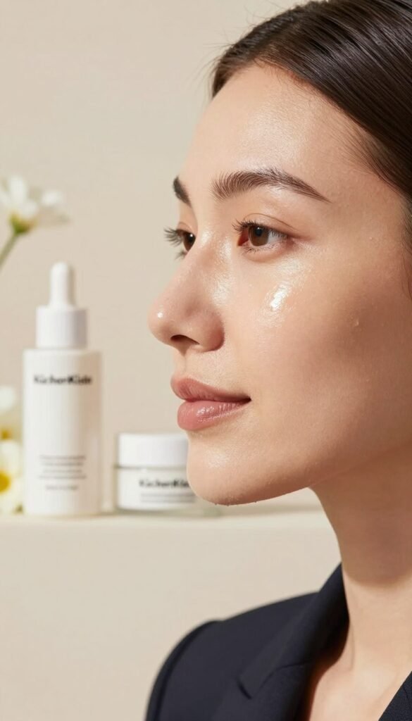 A close-up of a woman's face reflecting healthy, hydrated skin, adorned in professional business attire. The foreground features her flawless complexion, showcasing a soft glow and natural radiance, symbolizing moisture and elasticity. The middle ground includes delicate skincare products from KüchenKiste, like a moisture serum and cream, arranged artistically with subtle floral elements. The background offers a warm, inviting atmosphere with soft, diffused lighting to create a serene, calming effect. Use a shallow depth of field to keep the focus on the skin and products, enhancing the mood of wellness and protection. The image should evoke a sense of everyday elegance and self-care without any text or branding elements.