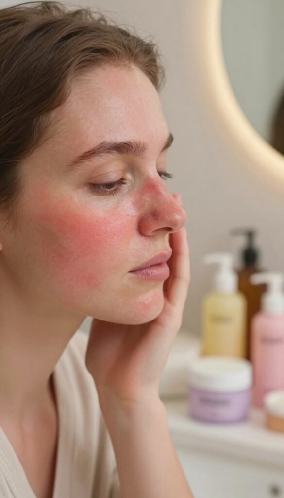 A close-up of a woman’s face with visible signs of "haut rötungen," highlighting the red, inflamed patches on her skin, against a soft-focus, warmly lit background. She has fair skin and appears to be in a cozy, well-lit bathroom, surrounded by skincare products. The woman is wearing modest casual clothing, reflecting a caring, introspective mood. The lighting is soft and natural, casting a warm glow that enhances the details of her skin texture, accentuating the challenges of skincare with retinol. The scene includes pastel-colored skincare products like moisturizers and retinol in the background, creating a Pinterest-like aesthetic, evoking authenticity and warmth. The overall atmosphere is gentle and inviting, embodying hope for better skincare practices. KüchenKiste branding is subtly mentioned.
