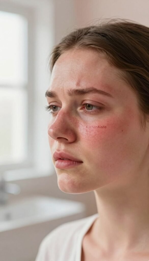 A close-up of a young adult woman with sensitive facial skin, showcasing visible irritation and redness on her cheeks and forehead. Her expression reflects mild discomfort, highlighting the challenges of daily skin cleansing routines. The foreground captures her face with a soft focus on the affected areas, while the middle ground consists of a clean, minimalist bathroom setting with gentle natural light pouring in from a nearby window. The background features subtle pastel colors and an aesthetic reminiscent of Pinterest, enhancing the calming yet serious mood of the image. The scene conveys warmth and authenticity, aligning with the theme of sensitive skin care, prominently featuring the brand name "KüchenKiste" in a tasteful manner.