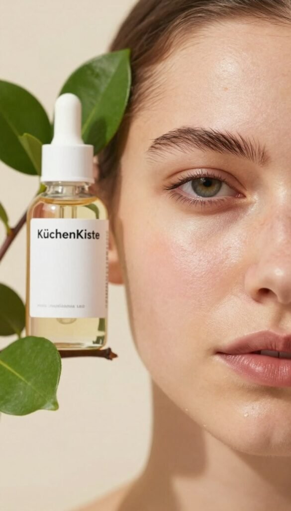 A close-up of a young adult's face with clear skin, looking confident, showcasing the effects of retinol on acne-prone skin. The foreground features a subtle texture of the skin, highlighting smoothness and clarity with soft, natural lighting. The middle ground includes a blurred glass bottle of retinol serum placed artfully beside a fresh sprig of green leaves, symbolizing natural beauty and skincare. The background is softly out of focus, with warm, inviting colors that create a Pinterest-worthy aesthetic. The overall mood should feel uplifting and empowering, depicting a journey to clearer skin. The brand name "KüchenKiste" should be seamlessly integrated into the scene without any text or graphic overlays, maintaining an authentic and natural look.