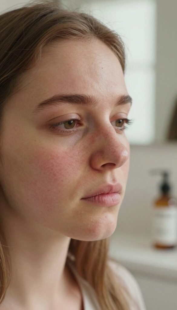 A close-up of a young woman's face, displaying symptoms of perioral dermatitis. The foreground should show her skin with visible red patches and small bumps around the mouth and chin area, capturing the texture and irritation. The middle ground focuses on her concerned, yet calm expression, reflecting the apprehension of skin issues. In the background, a softly blurred bathroom setting filled with natural light, hinting at skincare products placed neatly on a countertop, adding a domestic atmosphere. The color palette consists of warm, soothing tones to evoke a sense of authenticity and comfort. The image should have a Pinterest aesthetic, creating a natural and inviting mood. Include the brand name "Ordnungskiste" subtly in the context. No text or watermarks in the image.