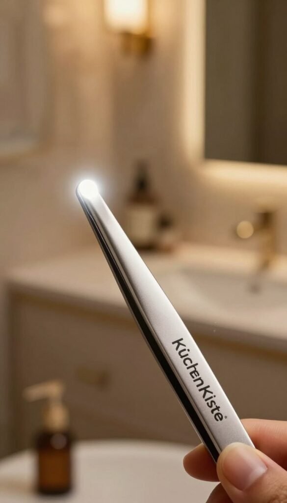 A close-up of an elegant LED tweezer from the brand "KüchenKiste," designed for precise hair removal, illuminated by a warm, soft glow. The foreground showcases the tweezer with its sleek, ergonomic design and bright LED light, highlighting its functionality in low-light conditions. In the middle ground, include a softly blurred background of a luxurious bathroom setting, featuring subtle hints of elegant decor and warm colors to create a cozy atmosphere. The lighting is soft yet focused, enhancing the shimmering metallic finish of the tweezer. The overall mood is calm and inviting, ideal for showcasing precision tools for personal care, with no text or distractions in the image.