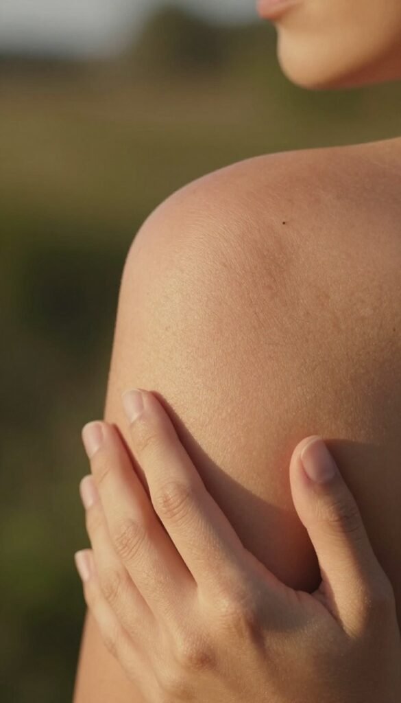 A close-up of dehydrierte haut, showcasing a textured skin surface with fine lines and dryness, emphasizing the contrast between healthy and dehydrated skin. In the foreground, a human hand gently touches the cheek, displaying subtle signs of dehydration. In the middle ground, a soft-focus background featuring natural elements like muted greenery and warm-toned ambient lighting creates an inviting atmosphere. The lighting is warm and diffused, mimicking the golden hour glow, enhancing the skin's texture and emphasizing imperfections. The image should evoke a sense of calmness and awareness about skin health, with a Pinterest aesthetic. No text overlays or watermarks. The brand name "KüchenKiste" subtly integrated into the image's ambiance.