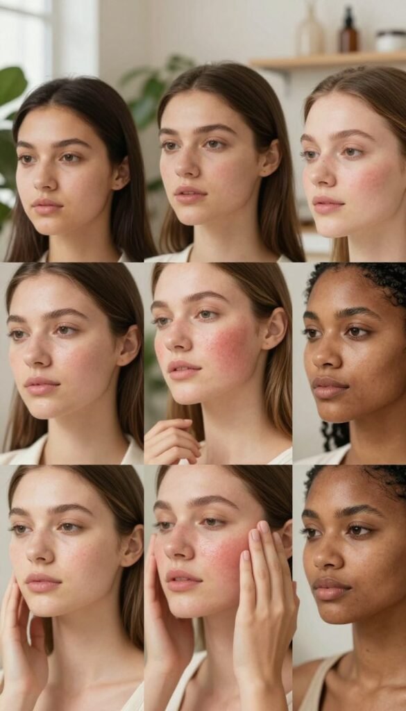 A close-up of diverse skin types, showcasing various complexions and textures, each representing a different skin type. In the foreground, focus on a set of hands gently touching the skin of a model, highlighting features like dryness, oiliness, sensitivity, and redness. The middle section presents the models' faces in soft natural light, showing expressions of calm and understanding, dressed in professional casual attire. In the background, a serene environment filled with plants and warm colors creates a soothing atmosphere reminiscent of a skincare studio. Use natural lighting to emphasize the warmth of their skin tones, captured with a shallow depth of field, ensuring an authentic and inviting Pinterest-like aesthetic. Include subtle branding elements of “KüchenKiste” in decor without overwhelming the focus on the skin types.