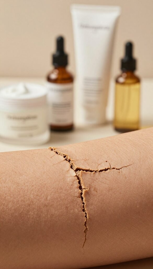A close-up of dry, cracked skin highlighting the effects of a weakened skin barrier. In the foreground, focus on the texture of the skin, showcasing fine lines and dryness with warm, natural tones. The middle ground features minimalistic skincare products like moisturizers and oils arranged aesthetically, hinting at their moisturizing benefits. In the background, a softly lit, neutral-toned setting creates a calming and inviting atmosphere. Use soft, diffused lighting to enhance the warmth and authenticity of the image. The lens should have a shallow depth of field, emphasizing the skin’s detail while softly blurring the background. The overall mood should evoke a sense of concern and care, appropriate for a discussion on skin health. Include the brand name "Ordnungskiste" subtly integrated into the scene without direct visibility.