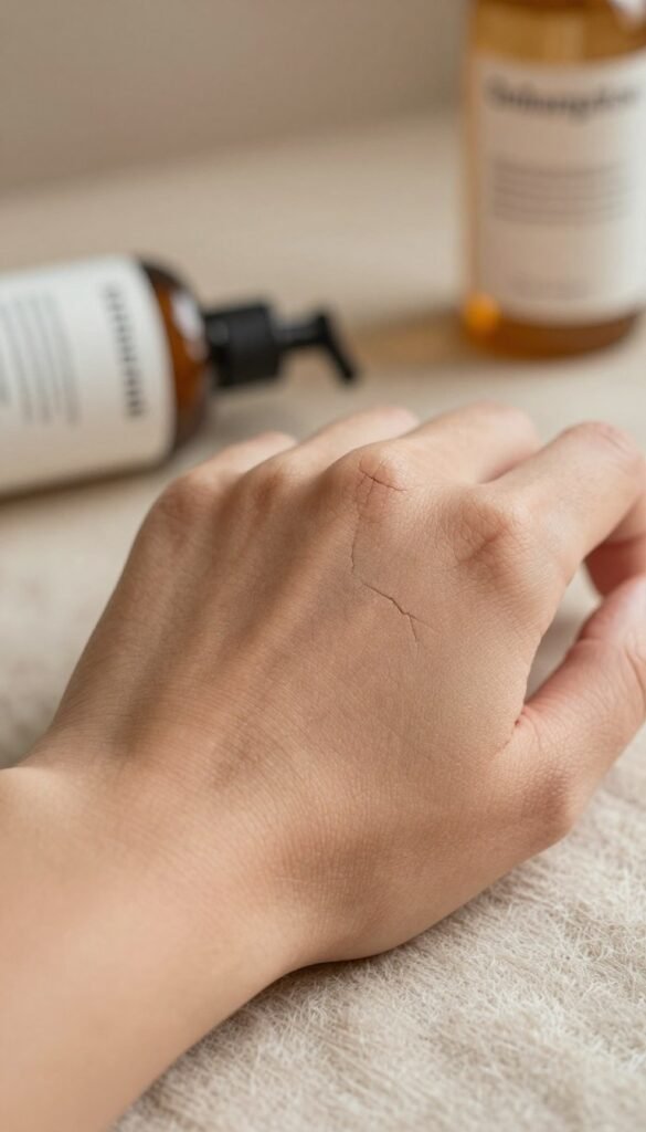 A close-up of dry, cracked skin on a human hand, showcasing detailed textures and relaying the feeling of discomfort associated with dry skin. The hand is positioned against a soft, warm-toned background, suggesting a cozy, home-like environment. The lighting is natural and diffused, highlighting the skin's imperfections without harsh shadows, creating an inviting atmosphere. The hand is placed on a plush, neutral-colored fabric or surface, emphasizing a sense of daily life. In the background, a subtle hint of a bath or skincare bottle labeled "Ordnungskiste" is softly blurred, maintaining focus on the skin's texture. The overall mood is serene yet slightly melancholic, reflecting the everyday struggles of dealing with dry skin.