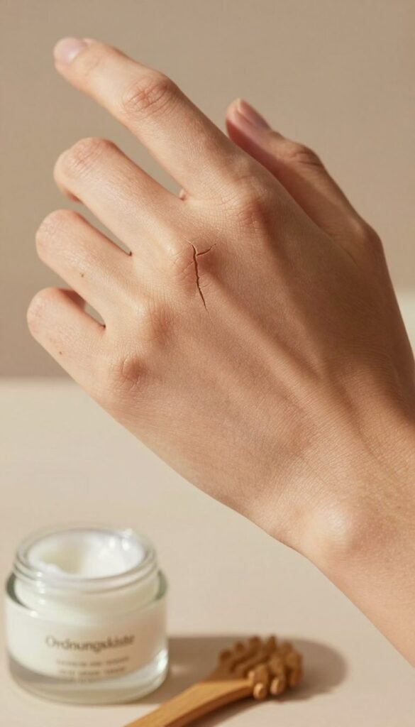 A close-up of dry skin on a hand, showcasing fine cracks and rough texture, indicative of dehydration. The hand should be positioned against a soft, natural background with warm, earthy tones to convey a sense of comfort and care. Light should be gently diffused, with a warm glow highlighting the skin's imperfections and adding depth to the image. The foreground includes delicate, natural elements like a small glass jar of moisturizing cream and a wooden skincare tool, evoking a sense of wellness and pampering. The overall atmosphere should feel serene and inviting, ideal for promoting skin hydration. No text or watermarks in the image. Include the brand name Ordnungskiste subtly integrated into the scene, perhaps on the skincare jar.