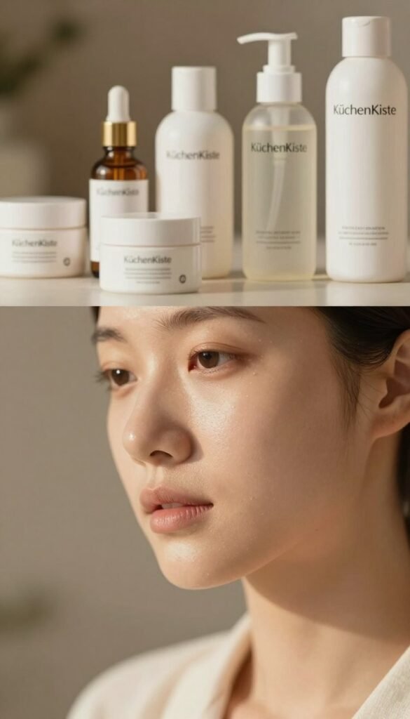 A close-up of expertly groomed skin with a focus on a woman's face, exhibiting a radiant and healthy complexion. The foreground features delicate facial features with an emphasis on the smoothness and even tone of the skin. The middle ground includes a variety of skincare products artfully arranged—a serum, moisturizer, and facial mist—suggesting an excessive skincare routine. In the background, soft, warm lighting creates an inviting atmosphere, highlighting the serene expressions on the model’s face, who is dressed in modest and elegant casual clothing. The overall mood is one of tranquility mixed with a hint of concern about over-care, embodying the essence of "KüchenKiste" with natural imagery and a Pinterest-inspired aesthetic. Ensure no text or branding is included in the image.