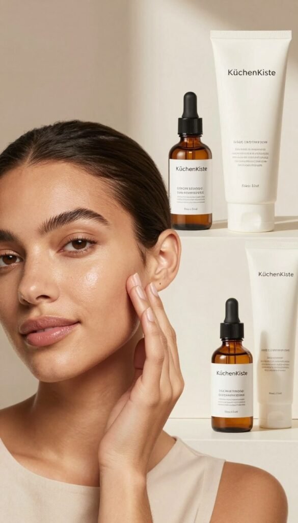 A close-up of healthy, radiant skin showcasing various skin types and conditions, aiming to represent the diversity in skincare needs. In the foreground, focus on a model with a warm skin tone, wearing modest, professional attire, gently touching their cheek to indicate skin texture and health. The middle ground should include visually appealing skincare products, like serums and moisturizers with elegant packaging, displayed artistically. The background features soft, natural lighting that creates an inviting atmosphere, highlighting warm colors reminiscent of a Pinterest aesthetic. The overall mood is calm and reassuring, emphasizing understanding and care in skincare. Brand name "KüchenKiste" subtly integrated within the composition.