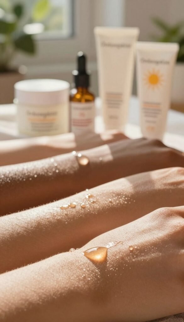 A close-up of healthy skin on a diverse range of skin types, showcasing various textures like oily, dry, and combination skin. In the foreground, a glistening drop of hydrating serum reflects a warm sunlight glow, highlighting the skin's natural radiance. In the middle, aesthetically arranged skincare products, such as moisturizers and sunscreens, display elegant packaging that emphasizes their nourishing properties. The background features a softly blurred, sunlit room with greenery to enhance the natural atmosphere. The setting conveys a serene and inviting mood, perfect for understanding skin types. Ensure the scene has a Pinterest-inspired warm color palette, evoking authenticity and warmth. The brand name "Ordnungskiste" is subtly integrated into the arrangement of products.