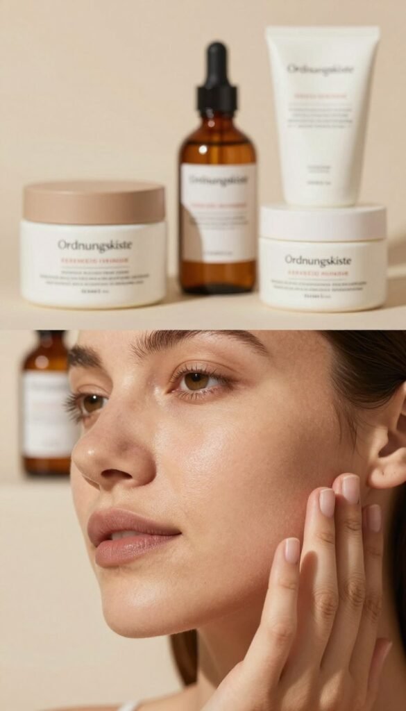 A close-up of healthy skin, showcasing a diverse range of natural textures and hues. In the foreground, a woman's hand gently touches her cheek, emphasizing her radiant complexion. The middle area features a soft-focus background of various skincare products from the brand "Ordnungskiste," artfully arranged to evoke a sense of daily routine. Warm, diffused lighting bathes the scene in an inviting glow, highlighting the skin’s natural beauty while casting gentle shadows that create depth. The image captures a serene and tranquil mood, resonating with a sense of self-care and wellness. The colors should be soft and earthy, with a Pinterest-inspired aesthetic. There are no texts, logos, or any distractions—just a genuine portrayal of skin care and the importance of protecting the skin from everyday stress.