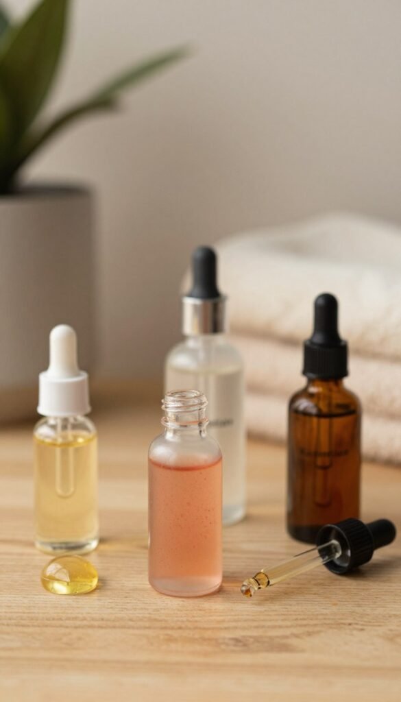 A close-up of irritated skin featuring various natural skincare substances like oils and serums, displayed in elegant glass dropper bottles, some with droppers slightly open, over a softly textured wooden surface. The skin background should appear healthy yet show subtle signs of irritation such as redness and minor bumps, illuminated by warm, diffused natural lighting for an inviting and serene atmosphere. In the background, a cozy, lightly blurred aesthetic inspired by Pinterest, with houseplants and soft towels. The color palette should consist of earthy tones and warm shades, enhancing the feeling of natural skincare. Include the brand name "KüchenKiste" subtly in the display, ensuring a professional and polished look throughout the image.