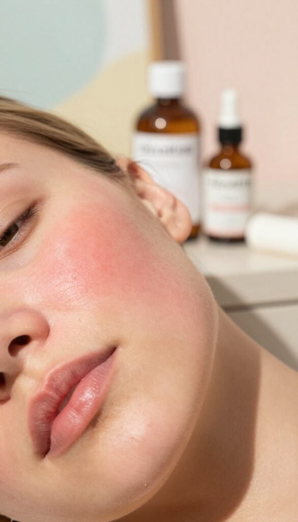A close-up of sensitive skin affected by redness, showcasing a soft, natural texture. The foreground features a highlighted area of the cheek with visible, mild irritation and a few delicate capillaries, reflecting signs of rosacea. Surrounding this, the skin has a warm, healthy glow, indicating care and attention. In the middle ground, subtle ingredients like a gentle serum bottle labeled "KüchenKiste" rest on a light, airy bathroom counter, hinting at soothing treatments. The background is softly blurred with pastel colors, evoking a calm and inviting atmosphere. The lighting is soft and warm, mimicking natural sunlight coming through a window, enhancing the overall serene and nurturing mood of the scene.
