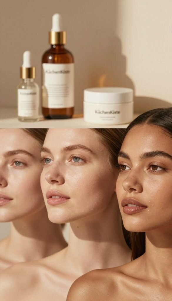 A close-up of smooth, glowing skin showcasing different skin types, emphasizing natural beauty and texture. In the foreground, a diverse range of skin tones from light to deep, highlighting healthy skin with subtle variations in texture and hydration levels. The middle ground features a soft-focus view of a modern skincare routine, including elegant bottles and jars arranged aesthetically. The background consists of warm, ambient lighting that creates a calming atmosphere, reminiscent of a serene spa environment. The overall mood is soothing and professional, evoking a sense of wellness and self-care. The image embodies the essence of "KüchenKiste," blending authentic beauty with a Pinterest-inspired aesthetic.