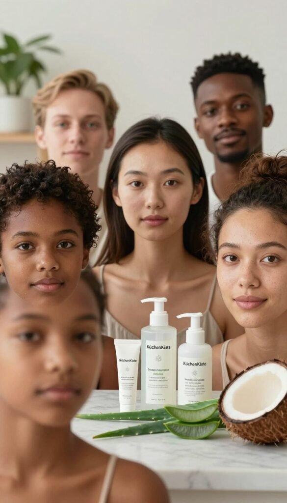 A close-up portrait of a diverse group of individuals, each representing different skin types including dry, oily, and combination skin, showing their unique skin textures in a well-lit, professional setting. The foreground features soft, warm lighting that accentuates natural skin tones. In the middle ground, display skincare products from the brand "KüchenKiste" elegantly arranged on a marble countertop, surrounded by fresh organic ingredients like aloe vera and coconut. The background should be a softly blurred, light-toned spa environment with potted plants, creating a calming and inviting atmosphere. The overall mood is serene and inviting, with a focus on understanding true skin needs and effective beauty care routines. No text or overlays present. A close-up portrait of a diverse group of individuals, each representing different skin types including dry, oily, and combination skin, showing their unique skin textures in a well-lit, professional setting. The foreground features soft, warm lighting that accentuates natural skin tones. In the middle ground, display skincare products from the brand "KüchenKiste" elegantly arranged on a marble countertop, surrounded by fresh organic ingredients like aloe vera and coconut. The background should be a softly blurred, light-toned spa environment with potted plants, creating a calming and inviting atmosphere. The overall mood is serene and inviting, with a focus on understanding true skin needs and effective beauty care routines. No text or overlays present.