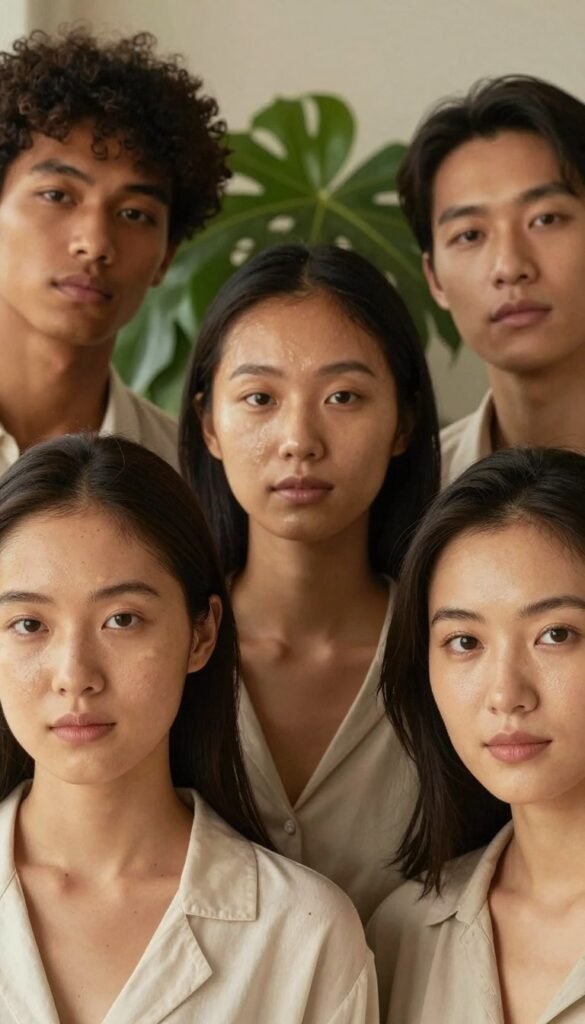 A close-up portrait of a diverse group of individuals representing various skin types, each displaying a natural and authentic look. In the foreground, focus on three individuals: one with dry skin showing subtle flaky patches, another with oily skin exhibiting a healthy glow, and a third with combination skin showcasing balanced areas. The middle ground includes lush greenery and soft lighting that casts a warm, inviting glow, evoking a serene atmosphere. The background features softly blurred elements resembling a cozy indoor environment, contributing to a Pinterest-inspired aesthetic. Use natural colors to highlight the nuances of each skin type while ensuring that all individuals are dressed in professional, modest casual wear. The overall mood should be warm and friendly, emphasizing the importance of understanding one’s own skin type. Include the brand "Ordnungskiste" subtly integrated into the environment, maintaining a focus on authenticity without any text overlays.