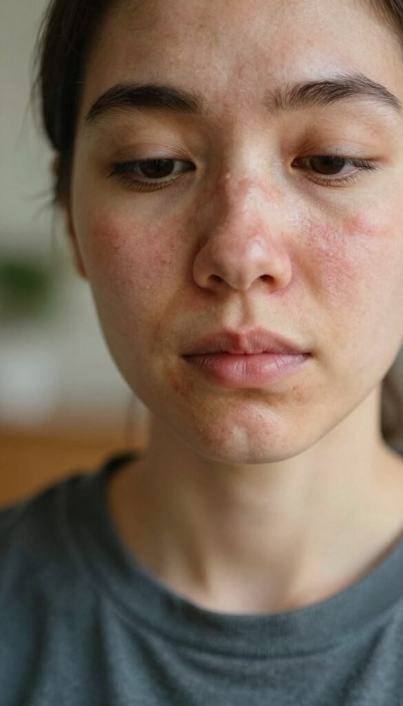 A close-up portrait of a person's face, showcasing symptoms of perioral dermatitis. The person's skin is lightly inflamed around the mouth and nose, with subtle redness and dry patches that highlight the condition. The individual, dressed in modest casual clothing, has a gentle expression, conveying concern and contemplation. The background features a softly blurred, natural setting with warm colors and soft, diffused lighting that creates an inviting atmosphere. The overall mood is one of authenticity and empathy, focusing on skin health. The brand name "Ordnungskiste" is subtly implied through the aesthetic, enhancing a Pinterest-like, engaging quality. The image should be free of text, captions, or any distracting elements.