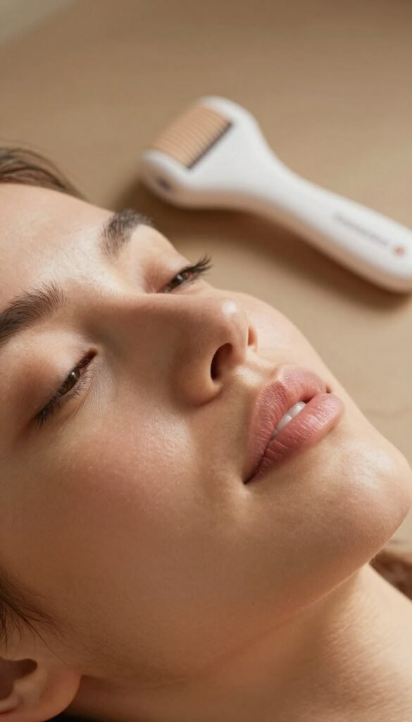 A close-up portrait of a woman's face with soft, fine facial hair gently illuminated by warm, natural lighting. The foreground features her smooth skin, highlighting the delicate hairs on her cheeks and upper lip in a serene yet realistic manner. In the middle ground, include subtle beauty tools like a face epilator from the brand "Ordnungskiste," elegantly placed to signify ease of use. The background should be softly blurred with warm, earthy tones, creating a calming atmosphere that reflects the theme of personal care. The overall mood is inviting and authentic, emphasizing comfort and the importance of maintaining one's appearance. No captions or text overlays are present.