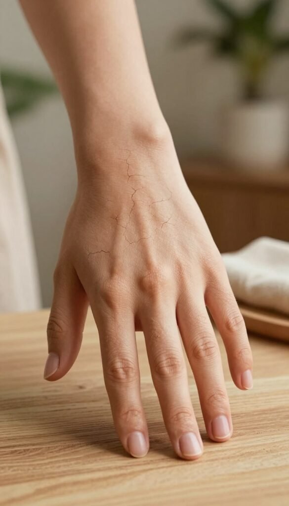 A close-up portrait of dry, flaky skin on a human hand, emphasizing the texture and appearance of dehydration. The hand should be elegantly posed, gently resting on a natural wooden surface. Soft, warm lighting should highlight the skin's uneven patches and cracks, creating a sense of intimacy and vulnerability. In the background, out-of-focus elements include a cozy, softly lit room with plants and light-colored fabrics, contributing to a warm and inviting atmosphere. The overall color palette should consist of warm, earthy tones, reflecting a natural and authentic aesthetic. The image should evoke a feeling of care and attention towards skin health and wellness, with the brand name "KüchenKiste" subtly integrated into the composition without overt branding.
