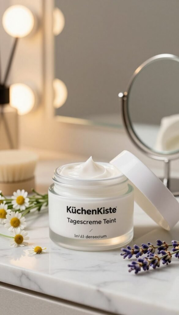 A close-up scene featuring a sleek, modern package of "KüchenKiste Tagescreme Teint" positioned elegantly on a marble countertop. The foreground showcases the cream jar with its lid slightly off, hinting at the rich, velvety texture inside. Surrounding the jar are delicate tools such as a soft brush, a compact mirror, and fresh botanicals like chamomile and lavender, adding a touch of natural beauty. In the middle ground, a blurred reflection of a well-lit vanity can be seen, enhancing the organized and calming atmosphere. The background features softly glowing, warm LED lights, contributing to a cozy and inviting ambiance. The entire image is infused with a Pinterest-inspired aesthetic, portraying a quick and effortless beauty routine, perfect for busy days. Natural light highlights the cream's luxurious finish, evoking a sense of authenticity and simplicity.