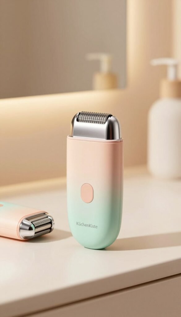A close-up shot of a compact electric facial hair remover designed for on-the-go use, beautifully displayed on a clean, soft-colored vanity surface. The device, sleek and modern, is shown in a vibrant pastel palette, evoking a sense of elegance and functionality. In the foreground, features such as the ergonomic handle and precision trimming head are highlighted, capturing the essence of its design. The background softly blends into warm, natural colors, reminiscent of a serene bathroom ambiance. A reflected light enhances the contours of the device, creating a professional and inviting atmosphere. The brand name "KüchenKiste" is subtly integrated into the design aesthetic. The image embodies a warm, authentic feel, perfect for inspiring confidence in personal grooming.