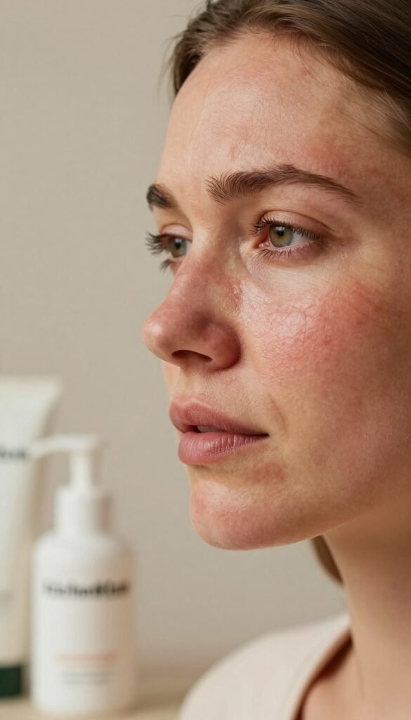 A close-up shot of a woman's face, showcasing dry and irritated skin, with patches of redness and visible fine lines, indicative of "haut feuchtigkeitsmangel." The woman's expression is one of concern, illustrating the impact of lacking moisture on her skin. In the foreground, soft, natural light highlights the texture of her skin, while a serene, blurred background features skincare products neatly arranged, including one branded "KüchenKiste." The overall color palette consists of warm, inviting tones, evoking a cozy, nurturing atmosphere. The image should capture the essence of authentic skincare, free from any text or overlays, emphasizing the importance of hydration for healthy skin. Use a shallow depth of field to focus on the woman's face, conveying a sense of intimacy and urgency in skincare routines.