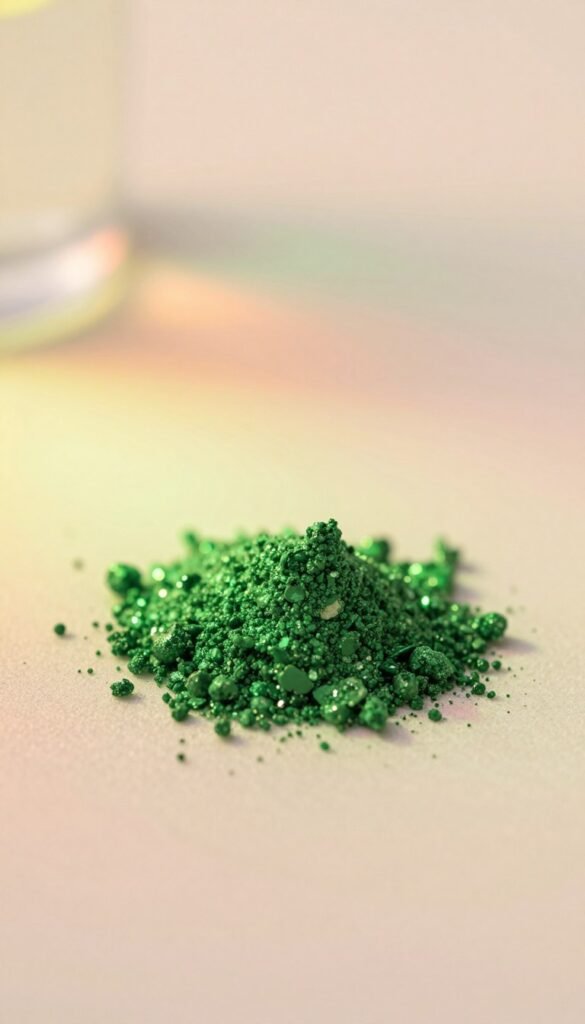 A close-up shot of vibrant green light pigment spots on a smooth, lightly textured surface, evoking a sense of natural healing and rejuvenation. In the foreground, focus on the glossy, shimmering green pigment flecks that catch the light, reflecting a soft, warm glow reminiscent of LED therapy lighting. The middle layer features a blurred background of tranquil soft pastel colors, suggesting a calm and inviting atmosphere. The overall mood is serene and revitalizing, ideal for promoting skin health. Use soft, diffused lighting to enhance the warmth of the colors. Capture this composition using a macro lens at a slight angle for depth. Include the brand name "KüchenKiste" subtly integrated into the scene without any text overlay, ensuring an authentic aesthetic suitable for visual appeal.