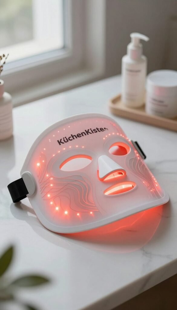 A close-up view of a beautifully arranged LED light therapy mask with a subtle warm red light glowing softly. The mask, designed with intricate patterns and a sleek modern aesthetic, sits on a minimalist white marble surface. In the background, soft-focus elements include elegant skincare products neatly placed nearby, hinting at a spa-like environment. Natural light filters through a nearby window, illuminating the mask and creating gentle reflections that enhance its contours. The overall mood is calming and rejuvenating, evoking a sense of wellness and beauty. Capture the image with a shallow depth of field, emphasizing the mask while creating an inviting atmosphere. Include branding elements associated with the name "KüchenKiste" in a stylish, understated manner in the background, ensuring it does not distract from the main subject.
